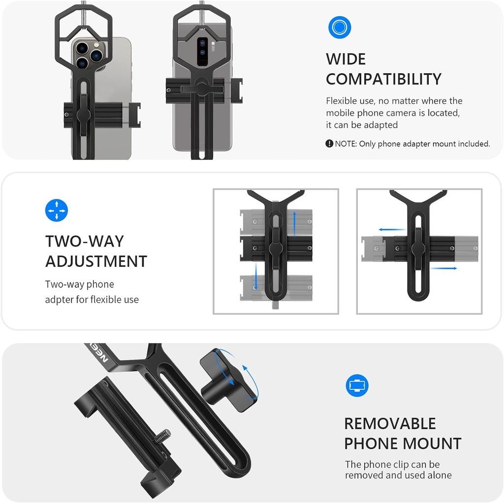 NEEWER Metal Telescope Phone Mount, 2.09"-3.54" Universal Cell Phone Mount for Spotting Scope Telescope Microscope Binocular Monocular, Fits Eyepiece with Diameter 1.02"-2.05"