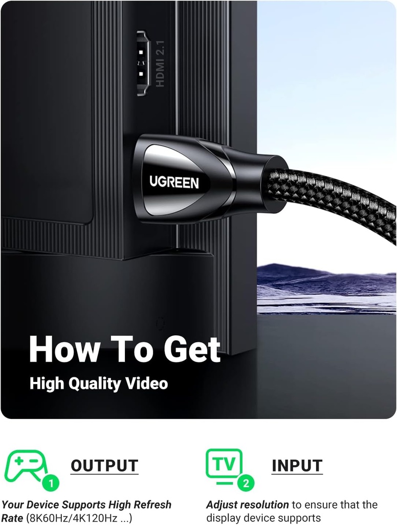 UGREEN 80401 - 8K HDMI Cable 2.1 , 48Gbps Ultra High Speed Braided HDMI Cord 8K@60Hz 4K@240Hz, HDR10, 1M