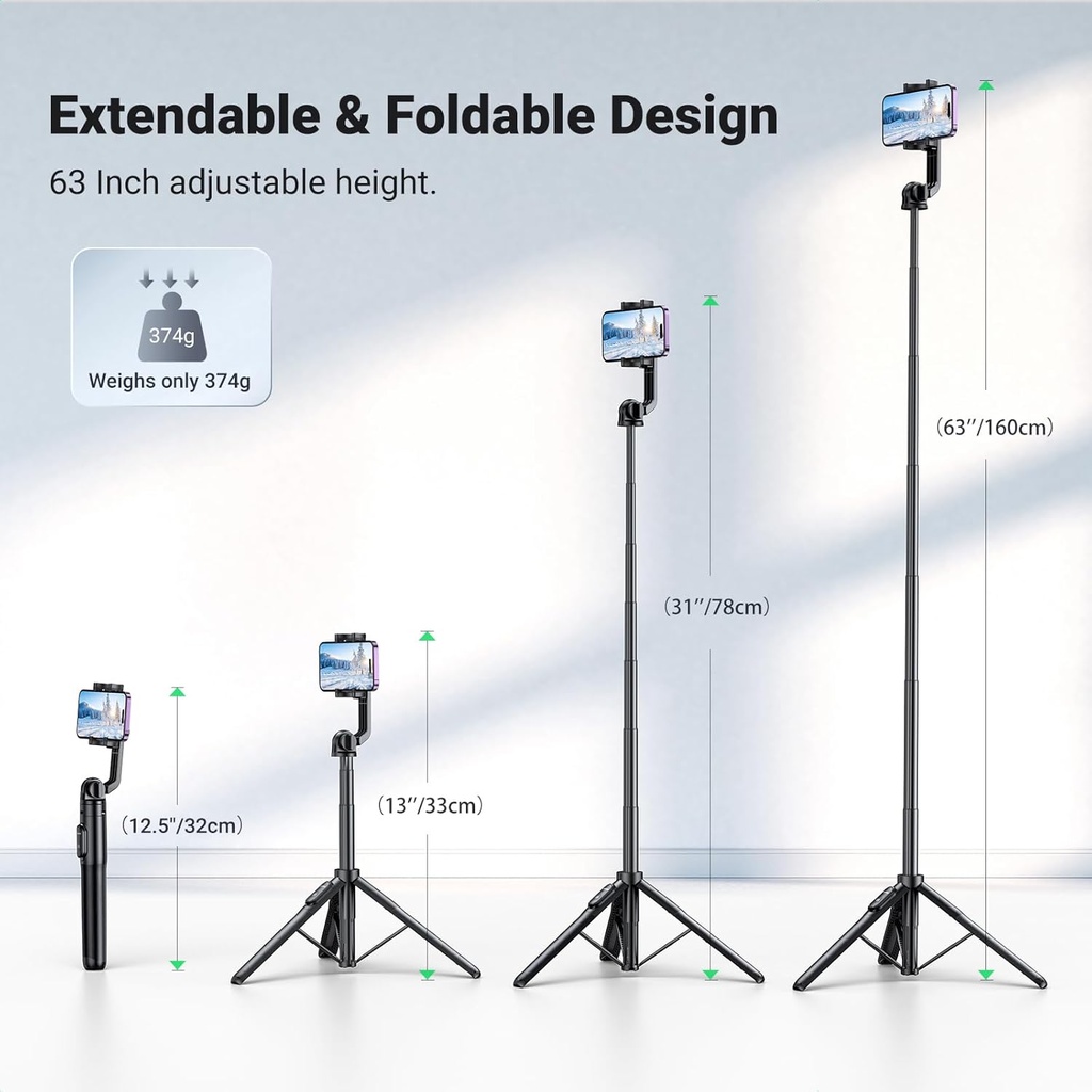 UGREEN 15062 - Mobile Tripod Stand Filming Selfie Stick Bluetooth Remote 63”/1.6m Tall Phone Holder Portable 360° Rotating Mount
