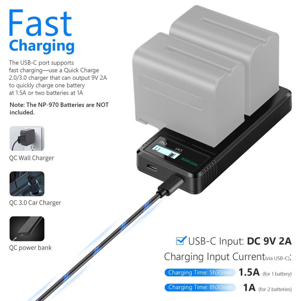 Neewer Fast Charger Dual USB with NP-F750 2-Pack 5600mAh Li-ion Replacement Batteries
