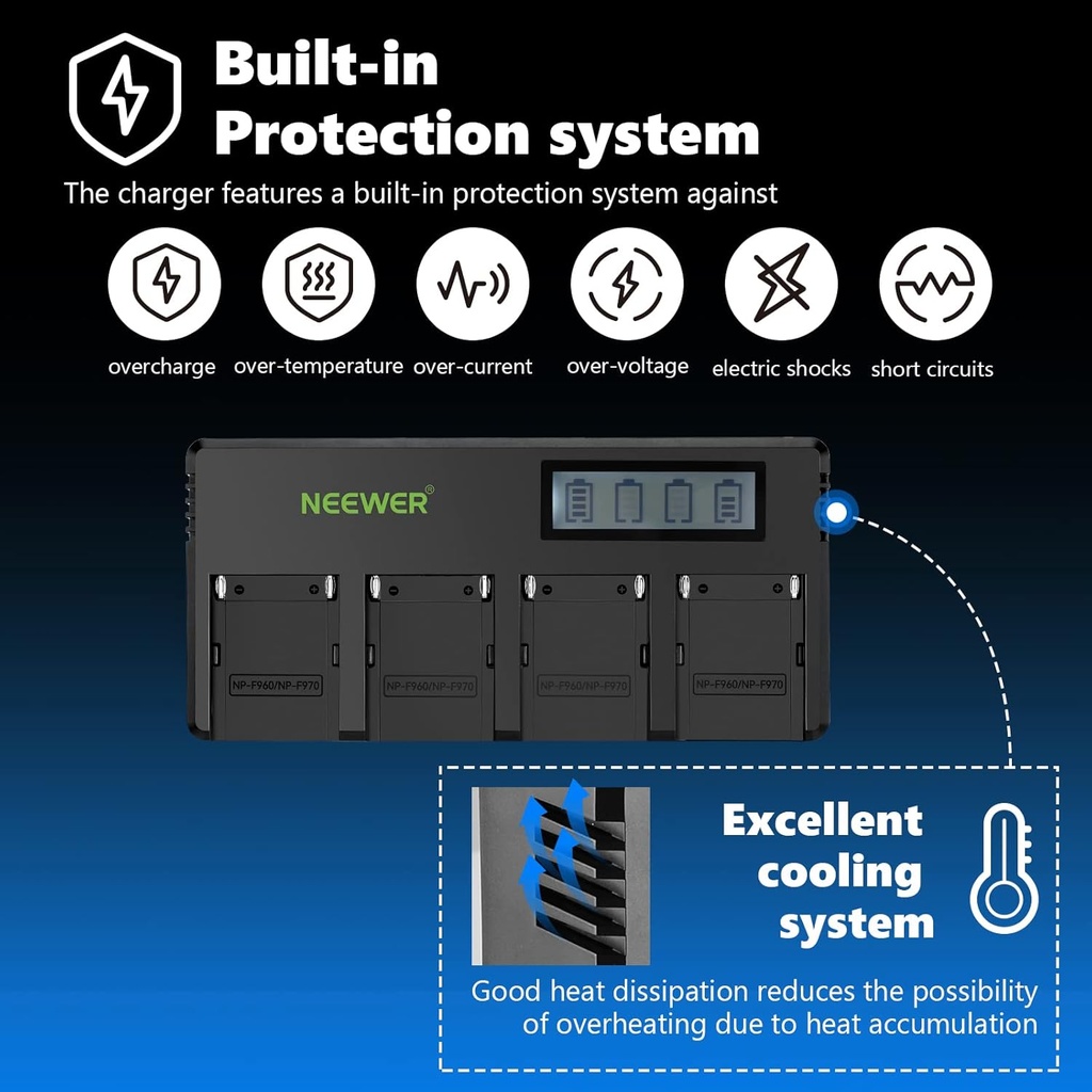NEEWER 4 Channel NP-F Battery Charger with LCD Display Compatible with Sony NP-F550 F570 F750 F770 F930 F950 F960 F970 FM50 FM500H QM71 QM91 QM71D QM91D Camcorder Li-ion Batteries 10101221