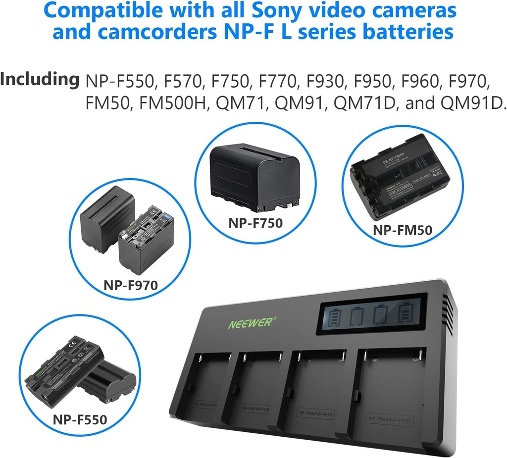 NEEWER 4 Channel NP-F Battery Charger with LCD Display Compatible with Sony NP-F550 F570 F750 F770 F930 F950 F960 F970 FM50 FM500H QM71 QM91 QM71D QM91D Camcorder Li-ion Batteries 10101221
