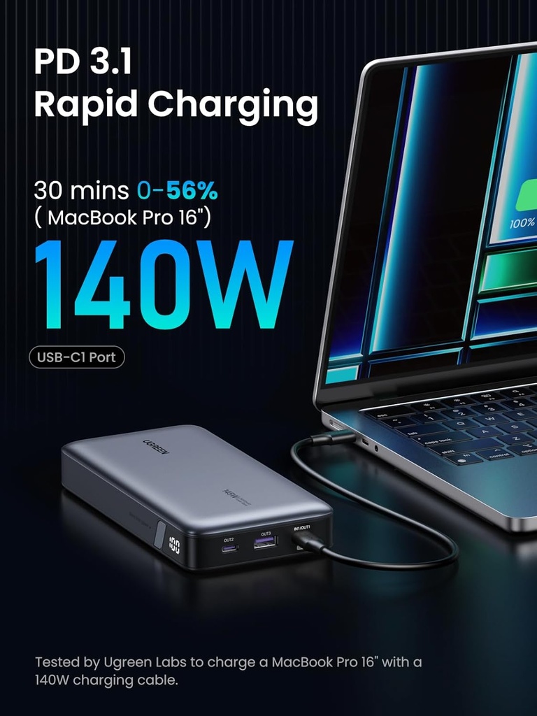 UGREEN 90597A - ower Bank 25,000mAh 145W Laptop Portable Charger, Nexode 3-Port USB C PD Battery Pack
