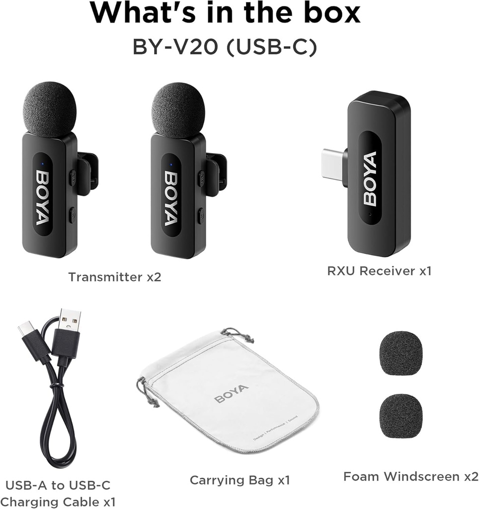 BOYA BY-V20 Ultracompact 2-Person Wireless Microphone System with USB-C Connector for Mobile Devices (2.4 GHz)