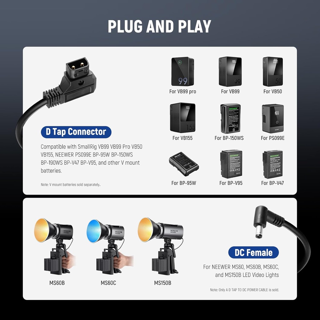 Neewer 6ft/1.8m D-Tap Male to DC Female Power Cable 10103378