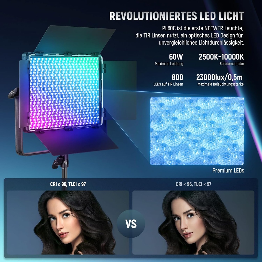 NEEWER Pack of 2 PL60C RGB Video Light LED Panel Continuous Light Set with 2 m Light Tripod/Bag 10103536