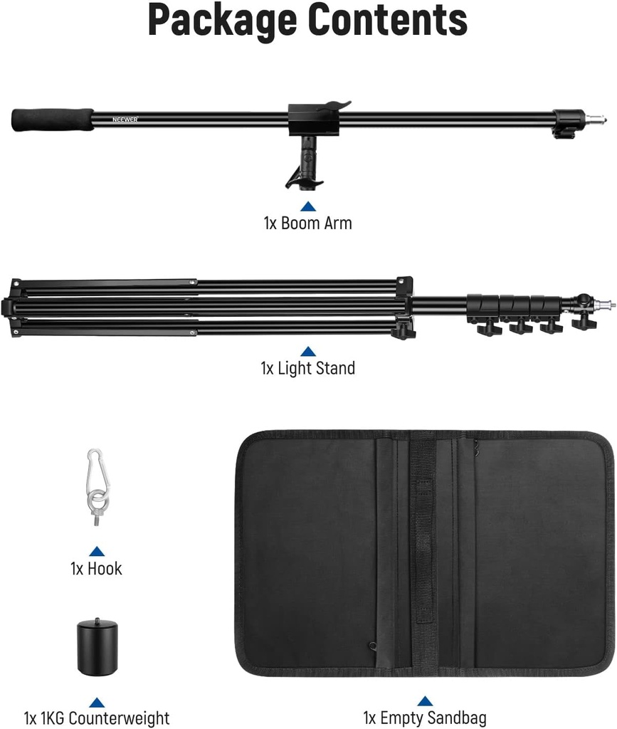NEEWER Air Cushioned Aluminum Light Stand, 3m Adjustable Photography Stand with Boom Arm 90100462