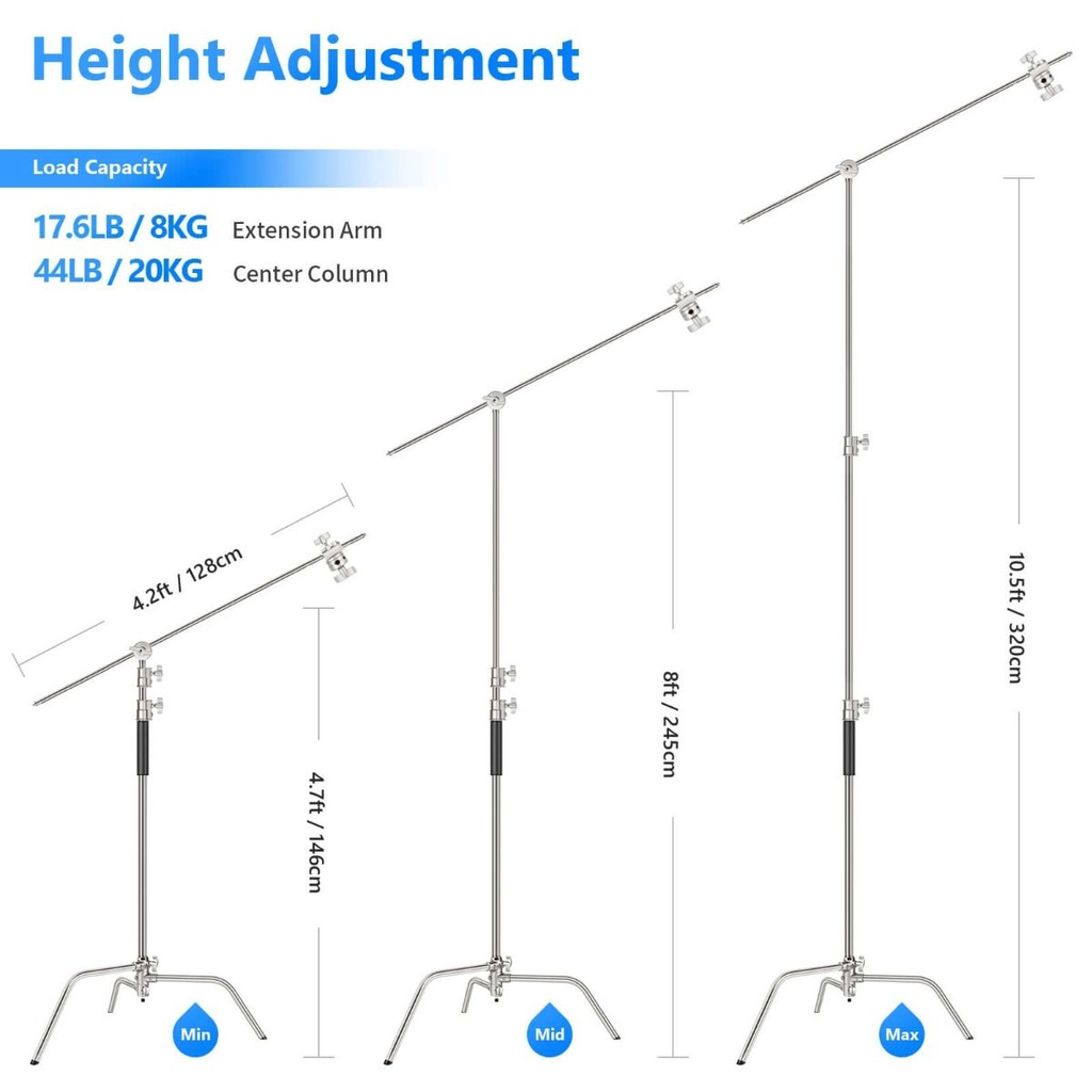 NEEWER 320cm Stainless Steel C-Stand with Boom Arm 10103338