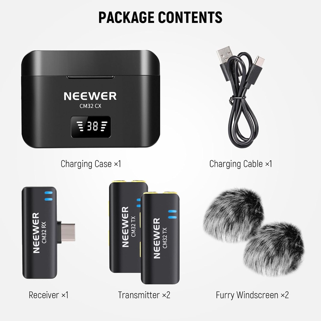 NEEWER Wireless Lavalier Microphone Set for USB C Phone, Dual Omnidirectional Condenser Lapel Mics, Noise Canceling 21000077