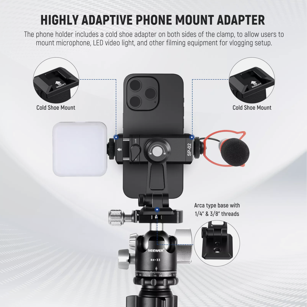 NEEWER Metal Phone Tripod Mount Adapter&Arca QR Base for Mobile 10103410