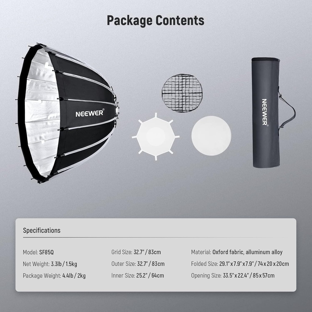 NEEWER 85CM DEEP PARABOLIC QUICK RELEASE SOFTBOX WITH HONEYCOMB GRID 10101377