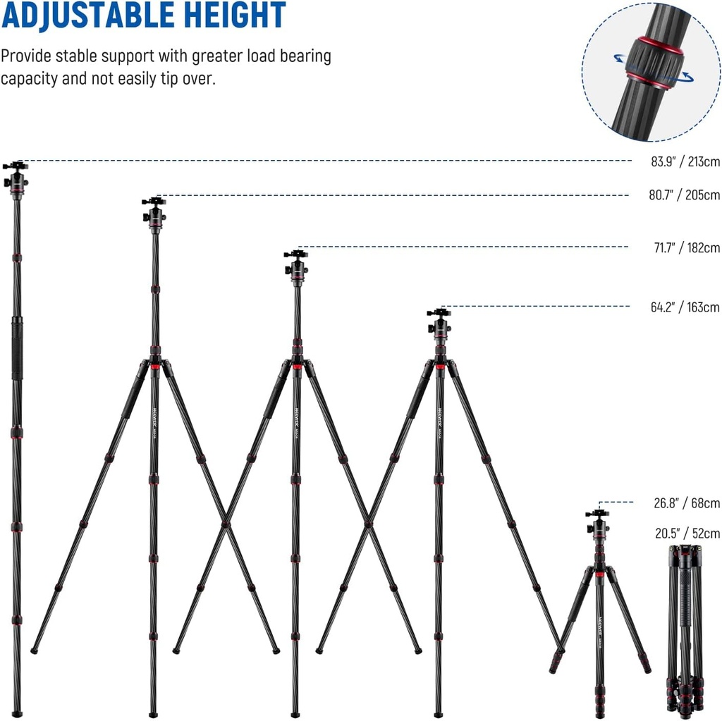 NEEWER Upgraded 200cm Carbon Fiber Camera Tripod Monopod with Telescopic 2 Section Center Axes 10101310