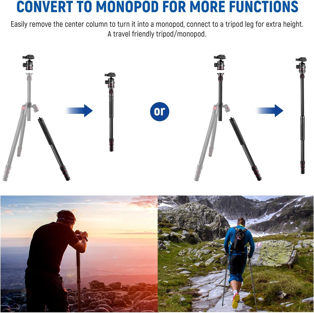 NEEWER Upgraded 200cm Carbon Fiber Camera Tripod Monopod with Telescopic 2 Section Center Axes 10101310