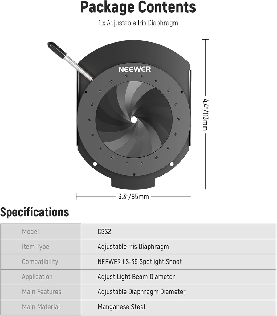 NEEWER ADJUSTABLE IRIS DIAPHRAGM FOR SPOTLIGHT SNOOT 33000069