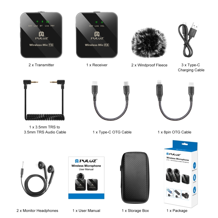 PULUZ PU3154B  2 TX + 1 RX Wireless Lavalier Microphone (Black)