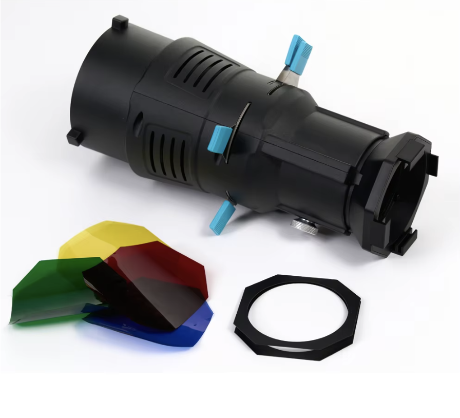 عدسة سْنوت بزاوية 36 درجة مع قاعدة Bowens للتصوير الفوتوغرافي – مكثف ضوء مزود بأشكال هندسية داخلية (Gobo) وفلاتر ألوان (Gels)