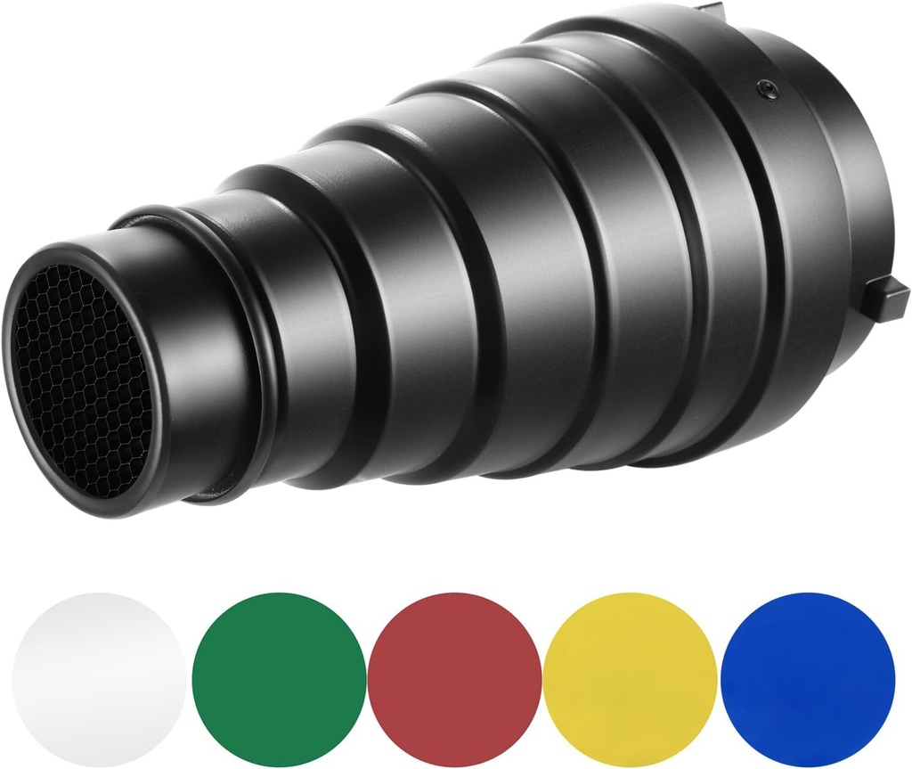 Neewer Medium Aluminum Alloy Conical Snoot Kit with Honeycomb Grid and 5pcs Color Gel Filters 10092555