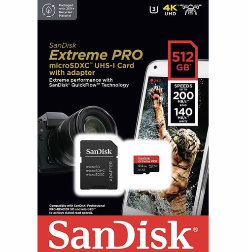 SanDisk 512GB Extreme Pro 190MB/s Micro SD MicroSDXC UHS-I U3 A2 V30 Memory Card