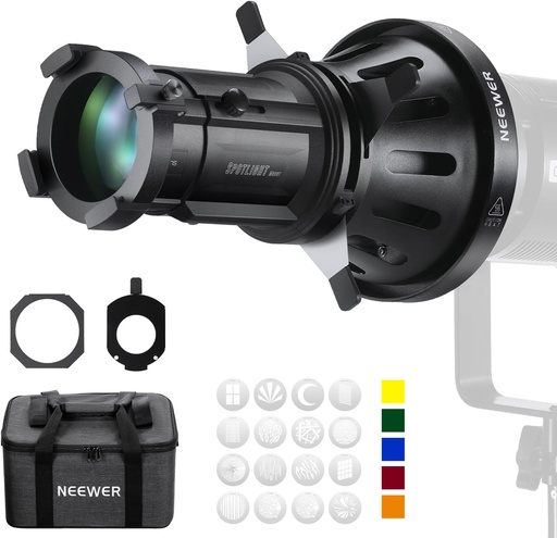 NEEWER Spotlight Snoot with 20° Projection Lens, Adjustable Focus, 16 Metal Gobos 5 Color Gels, Bag 90100759